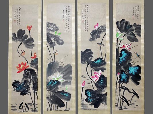Zhang Daqian's four-panel lotus painting