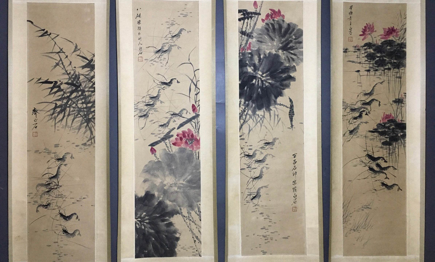 齊白石四條屏群蝦畫 - 九州墨閣