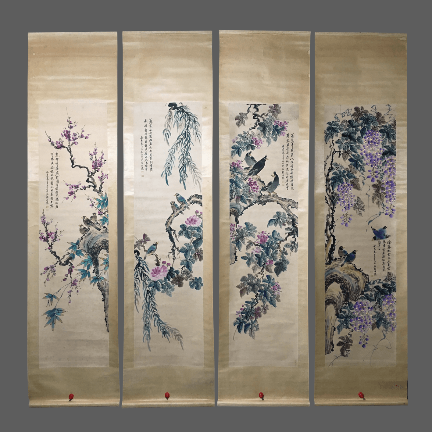 顏伯龍四條屏花鳥畫 - 九州墨閣
