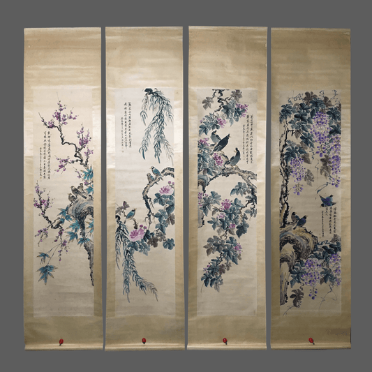 顏伯龍四條屏花鳥畫 - 九州墨閣