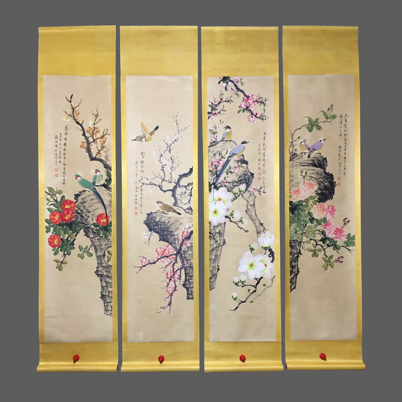 顏伯龍四條屏花鳥畫