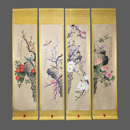 顏伯龍四條屏花鳥畫