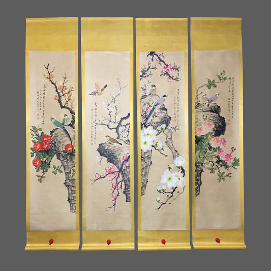 顏伯龍四條屏花鳥畫