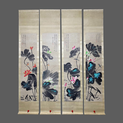 張大千四條屏荷花畫