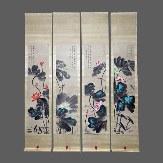 張大千四條屏荷花畫