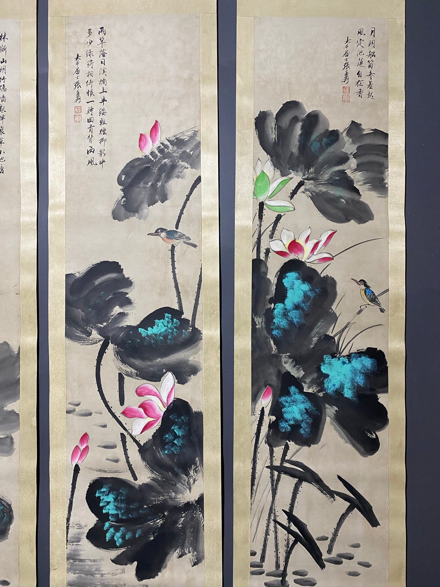 張大千四條屏荷花畫