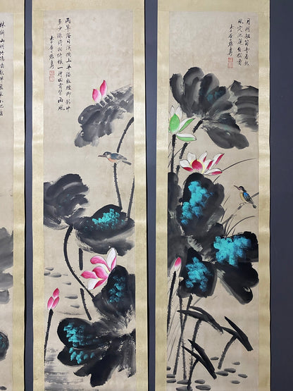 張大千四條屏荷花畫