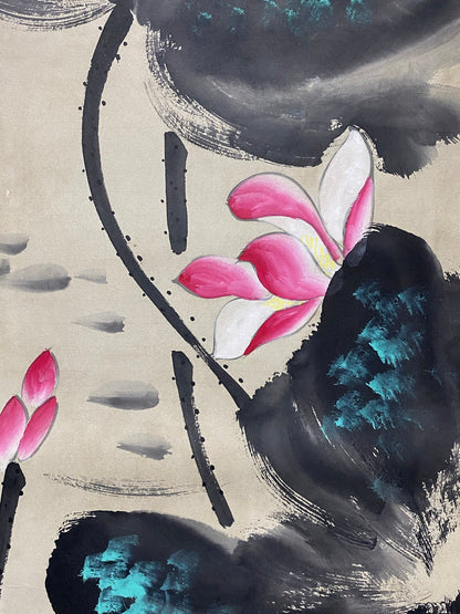 張大千四條屏荷花畫