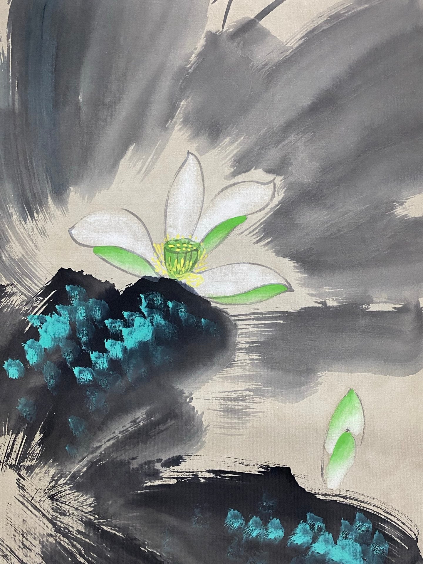 張大千四條屏荷花畫